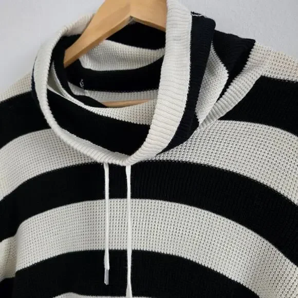 Lauren Ralph Lauren Cotton Waffle Knit Stripe Sweater XL Cowl Neck Black White - Picture 2 of 6